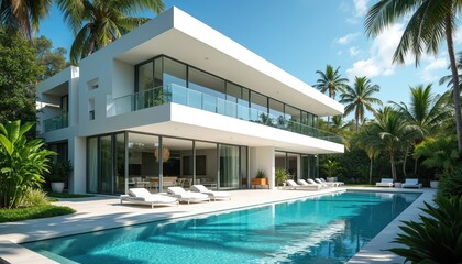 Fototapeta premium Modern white house with pool and tropical garden. Large windows reflect sunny sky. Luxury villa offers relaxation and upscale living with palm trees.