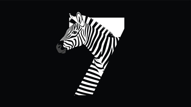 Zebra head with black and white stripes peeking through a large white number seven on a solid black background for graphic designs.