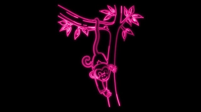 Cartoon monkey hanging from a tree branch with neon pink outline on black background vine