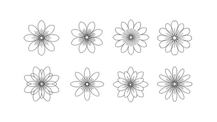 Obraz premium Set of eight black and white minimalist line art flower icons and floral emblems arranged in a grid on a clean white background.