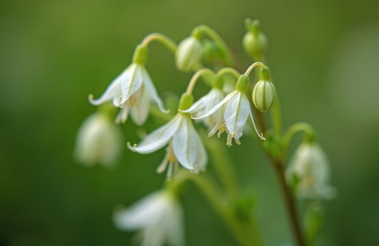 Delicate white bryony flowers bloom on a green vine. Small bell shaped blossoms open on stems. Nature growth in summer outdoors. Wild plant detail with soft focus.