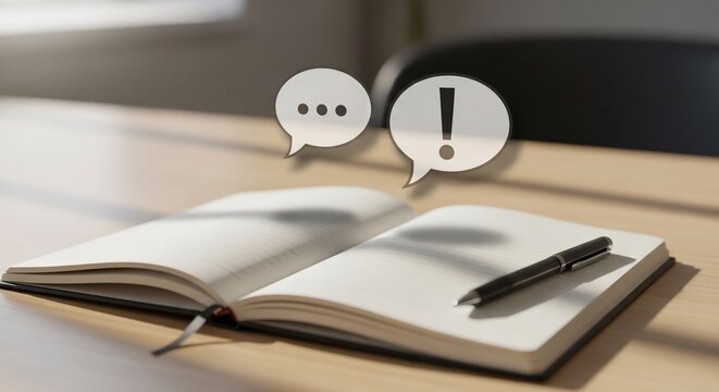 Open Notebook with Pen and Speech Bubbles on a Wooden Desk.