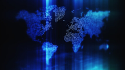 Obraz premium Global data network world map with matrix style grid, glowing HUD interface and streaming light trails, futuristic internet, IoT connectivity and digital simulation background