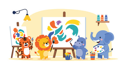 Obraz premium Flat style illustration of baby animals painting on canvas in art room, perfect for creative kids themes, education materials, and nursery decor illustration