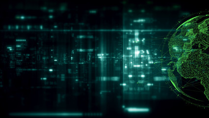 Fototapeta premium Global data network world map with matrix style grid, glowing HUD interface and streaming light trails, futuristic internet, IoT connectivity and digital simulation background