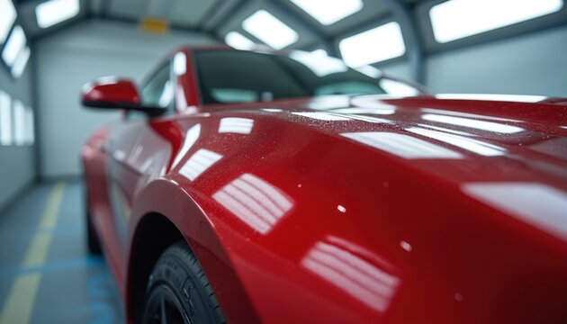 Close view of shiny red car body surface. Reflective paint finish in auto shop. Bright lights reflect off car hood. Automotive repair process.
