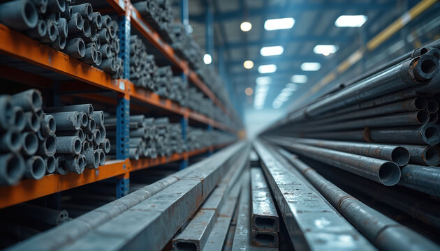 Metal tubes, bars stored in neat rows on shelves in large industrial warehouse. Factory setting shows raw materials ready for manufacturing processes, construction projects. Vast inventory awaits use