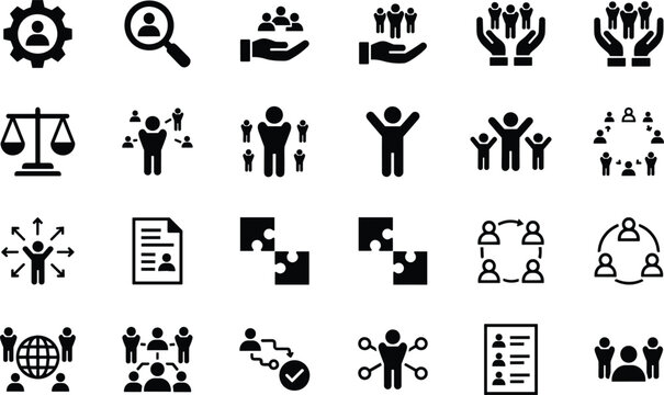 Comprehensive Human Resources and Business Management Solid Icon Set Featuring Recruitment Leadership Teamwork Corporate Governance Career Development And Global Professional Communication Symbols.