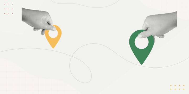 Trendy halftone collage of two person hands holding yellow and green location pin icons connected by a curved line, flat design concept for connecting locations, navigation, and map direction.