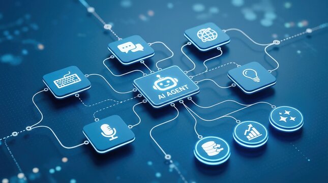 Artificial intelligence agent network diagram featuring centralized machine learning processor node connected to diverse digital interface icons on blue surface