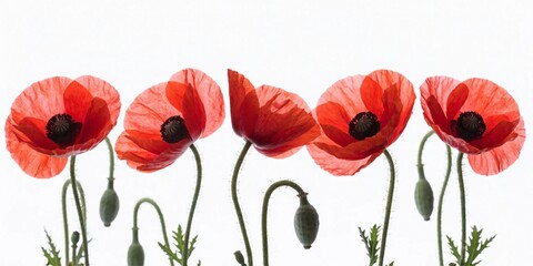Obraz premiumA beautiful blossom of red poppy flowers with delicate petals and green stems isolated on a white background for a clean floral nature design
