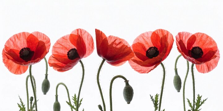 

A beautiful blossom of red poppy flowers with delicate petals and green stems isolated on a white background for a clean floral nature design