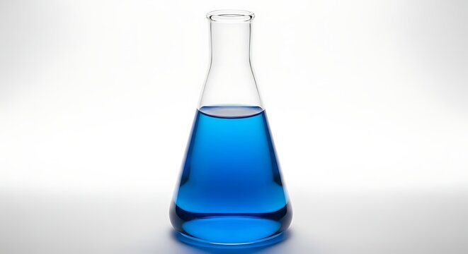 Erlenmeyer flask filled with blue liquid isolated on white background