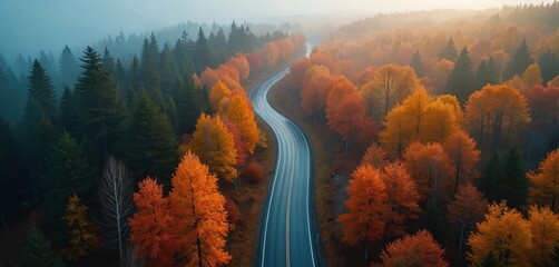 Obraz premium Aerial drone view of winding asphalt road through vibrant autumn forest. Tall green pine trees stand beside deciduous trees with bright orange, yellow foliage. Sky hazy with soft sunlight filtering