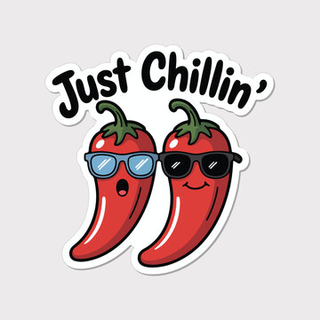 Funny chili pepper stickers, cartoon chill peppers, Just Chillin' humor, red hot chili characters