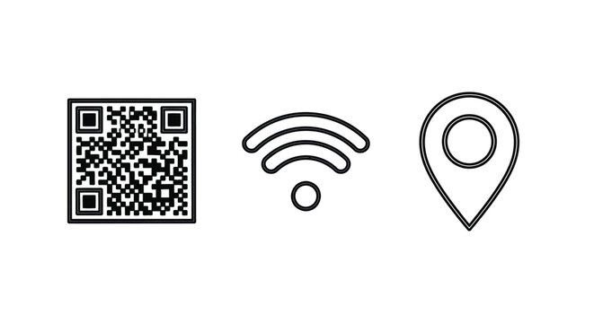 Qr code wifi signal and map marker in a linear silhouette