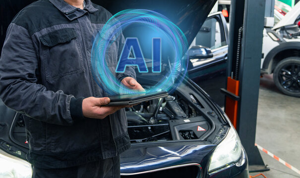 Car mechanic using AI diagnostic interface and augmented reality for vehicle repair