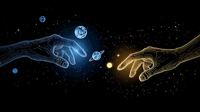 Glowing blue and yellow hands reaching for each other in space with planets and stars