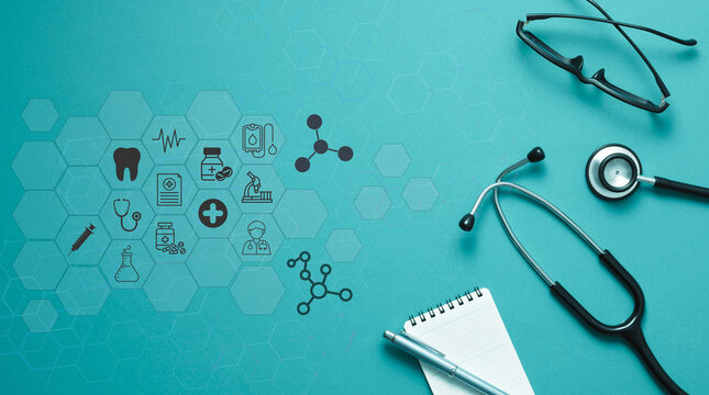 Healthcare and medical technology icons with stethoscope, notepad, and glasses on blue background