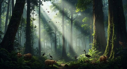 Naklejka premium Sunlight filtering through a dense, mystical forest with lush greenery.