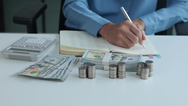 Businessman calculating and take note in the notebook with three stacks of coins and cash arrange separated on the table. Concept for financial planning or budgeting