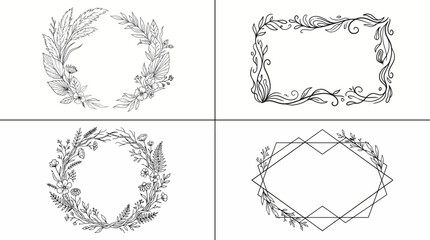 Obraz premium Boho Wedding Frame Vector Set – 4 Floral Rustic Border Designs in Clean Grid Layout