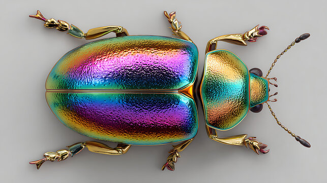 A colorful beetle with a shiny exoskeleton on a gray background