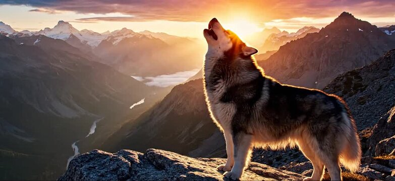 Majestic Alaskan Malamute howling at the stunning sunrise in the rugged mountain landscape, a symbol of wilderness and freedom