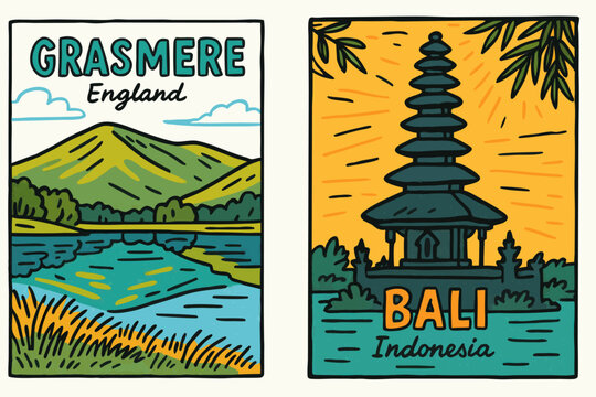 Vintage Travel Poster Collection: Grasmere England Lake District & Bali Indonesia Temple, flat design vector illustration