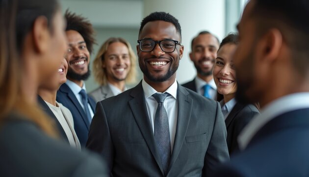 Diverse business team smiles looking at camera. Leader wears suit and glasses. Colleagues in office, successful group, collaboration, people working together.