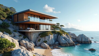 Obraz premium Modern luxury villa sits on rocky cliff overlooking tranquil blue ocean. This stylish home features wood accents glass balconies and spacious interiors with scenic sea views for ultimate relaxation.