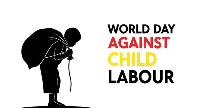 World Day Against Child Labour concept, silhouette of a young boy carrying a heavy sack, social awareness poster for human rights and child protection