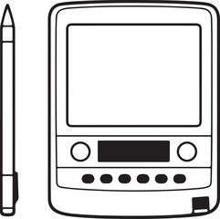 Minimalist outline vector icon of vintage personal digital assistant with stylus representing retro mobile technology handheld device and digital communication era © mahirbaba