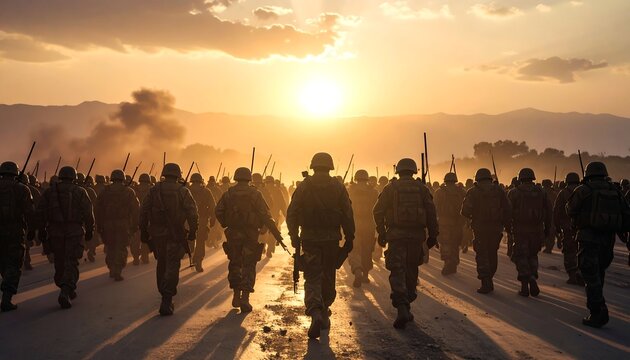 Silhouette of soldiers marches towards bright sunrise, creating dramatic shadows on a dusty landscape