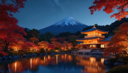 Fototapeta premium Golden temple reflects in calm water under stars near snowy mountain. Autumn trees glow with warm light at twilight. Serene Japanese garden view.