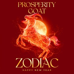 Fototapeta premium Fiery goat illustration for chinese new year celebration with full moon good luck eastern culture dark background animal spirit animal symbol celebration astrology mythology