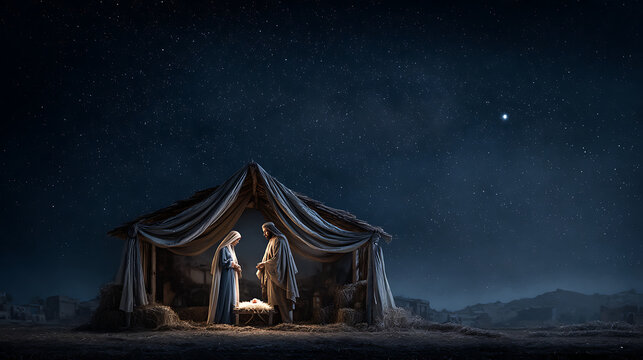 Mary and joseph standing in a tent at night looking at baby jesus in a manger under the stars