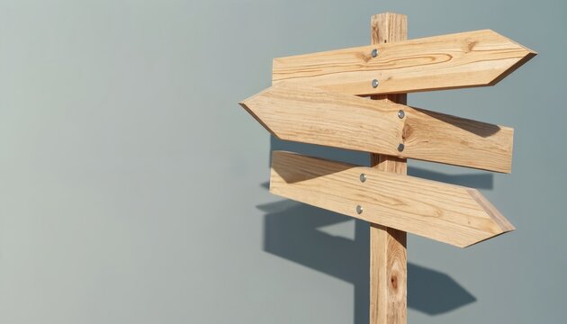 Wooden signpost with multiple arrow signs points in various directions. Choose your path with these directional wood planks against a soft grey wall backdrop.
