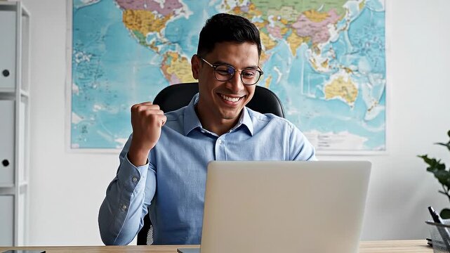 A young professional man works on his laptop in a modern office with a world map behind him in a video about global business.
