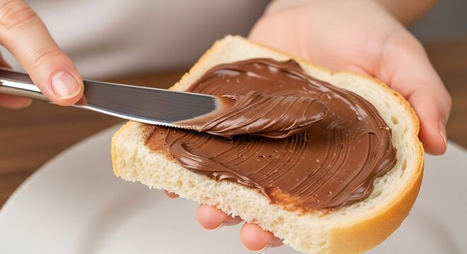 Spreading Chocolate Hazelnut Spread on White Bread Slice Delicious Breakfast.