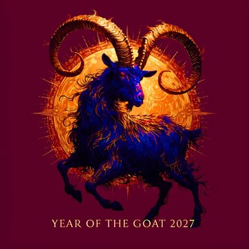 Dark blue goat illustration with curly horns against a bright sun and text "year of the goat 2027" digital art animal spirit illustration chinese new year oriental tradition powerful