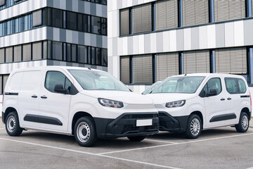 White delivery vans are parked in rows. Commercial fleet of vehicles
