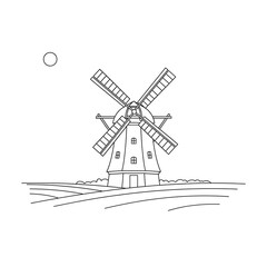 Obraz premium Traditional European Windmill Line Art - Rural Landscape with Sun & Fields Outline