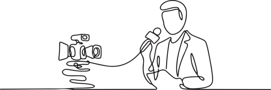 Continuous line drawing live news template with microphone interviewers icon vector illustration concept. one line drawing vector illustration