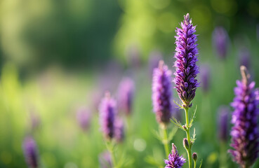 Obraz premium Purple liatris flowers bloom in a sunlit garden. Tall spiky blooms grow on green stems amidst soft green foliage. Nature scene with many blossoms in summer.