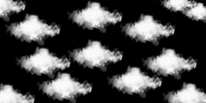 Isolated cloud collection on black background. Set of different types of clouds. Design. Fog. Haze. Clouds. Abstract clouds. Fog over the sky. Fluffy white cloud texture.