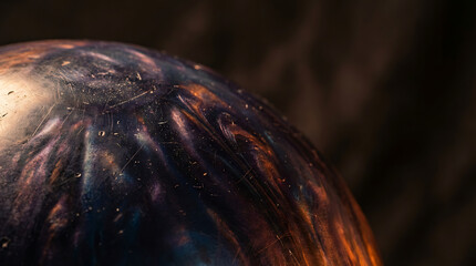 Obraz premium Close up of a dark and metallic bowling ball surface with swirling patterns and scratches, suggesting a used and active piece of sports equipment.