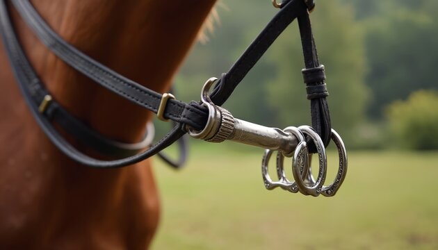 Close up of horse bit and bridle. Metal equestrian equipment on horse mouth. Leather straps connect to silver bit. Animal mouthgear for control.