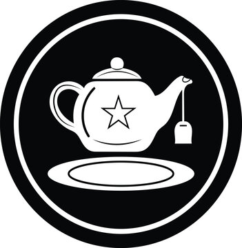 Elegant White Teapot Silhouette With Star Icon On Black Circular Background For Modern Graphic Branding