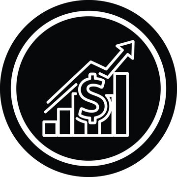 Financial growth bar chart icon with upward arrow and dollar sign symbol black circular background